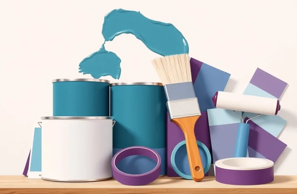 Pots de peinture, nuancier, brosses et rouleaux disposés à plat