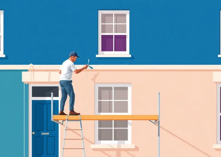 Peintre sur échafaudage traitant la façade d'une maison