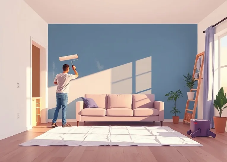 Peintre appliquant la peinture au rouleau sur un mur de salon